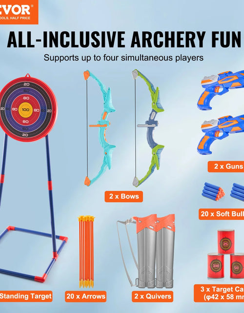 Load image into Gallery viewer, VEVOR Bow and Arrow Set for Kids, 2 Pack LED Light up Archery Set with 20 Suction Cup Arrows, Standing Target, 2 Quivers, 2 Guns, 20 Soft Bullets, 3 Target Cans, Outdoor Toy for Boy &amp; Girl 6+ Year Old
