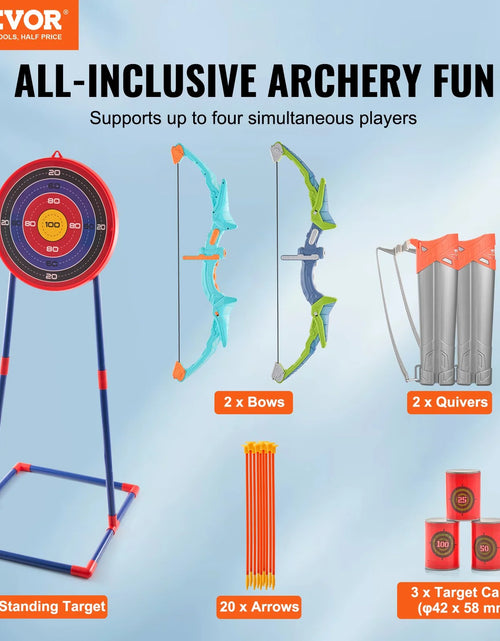 Load image into Gallery viewer, VEVOR Bow and Arrow Set for Kids, 2 Pack LED Light up Archery Set with 20 Suction Cup Arrows, Standing Target, 2 Quivers, 3 Target Cans, Outdoor Toy Birthday Gift for Boys &amp; Girls 6 7 8 9 10+ Year Old
