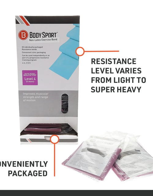 Load image into Gallery viewer, Non-Latex Exercise Bands, 4 In. X 5 Ft., Precut (30 per Box), Extra Heavy Resistance - Professional Tool for Home Fitness &amp; Gym Workouts &amp; Physical Therapy (Purple)
