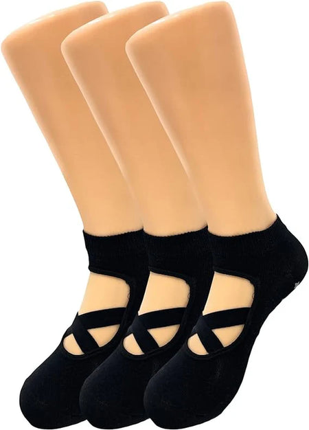 Women’S Non-Slip Grip Yoga Socks with Straps – 3 Pairs for Pilates, Barre & Studio Workouts – Size 5-7