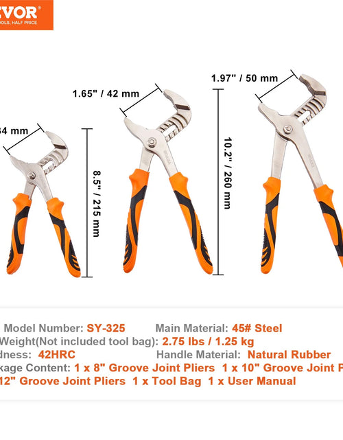 Load image into Gallery viewer, VEVOR 3-Piece Groove Joint Pliers Set, 12/10/8 Inch, Heat-Treated High Carbon Steel Water Pump Pliers, Button Quick Adjustable Pliers for Home Repair, Gripping, Nuts, Bolts, Pipes, Fittings
