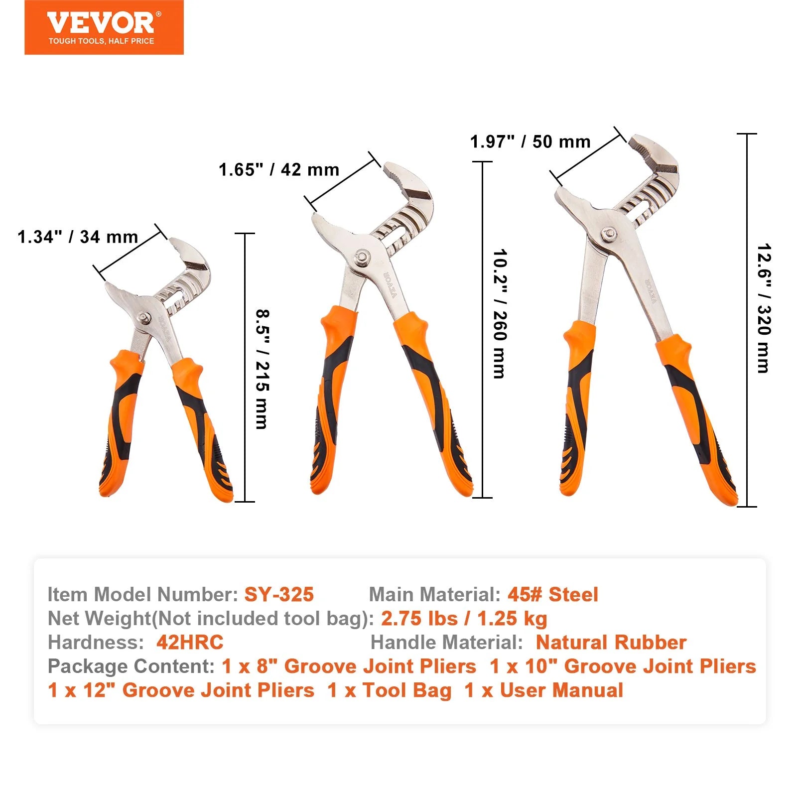 VEVOR 3-Piece Groove Joint Pliers Set, 12/10/8 Inch, Heat-Treated High Carbon Steel Water Pump Pliers, Button Quick Adjustable Pliers for Home Repair, Gripping, Nuts, Bolts, Pipes, Fittings
