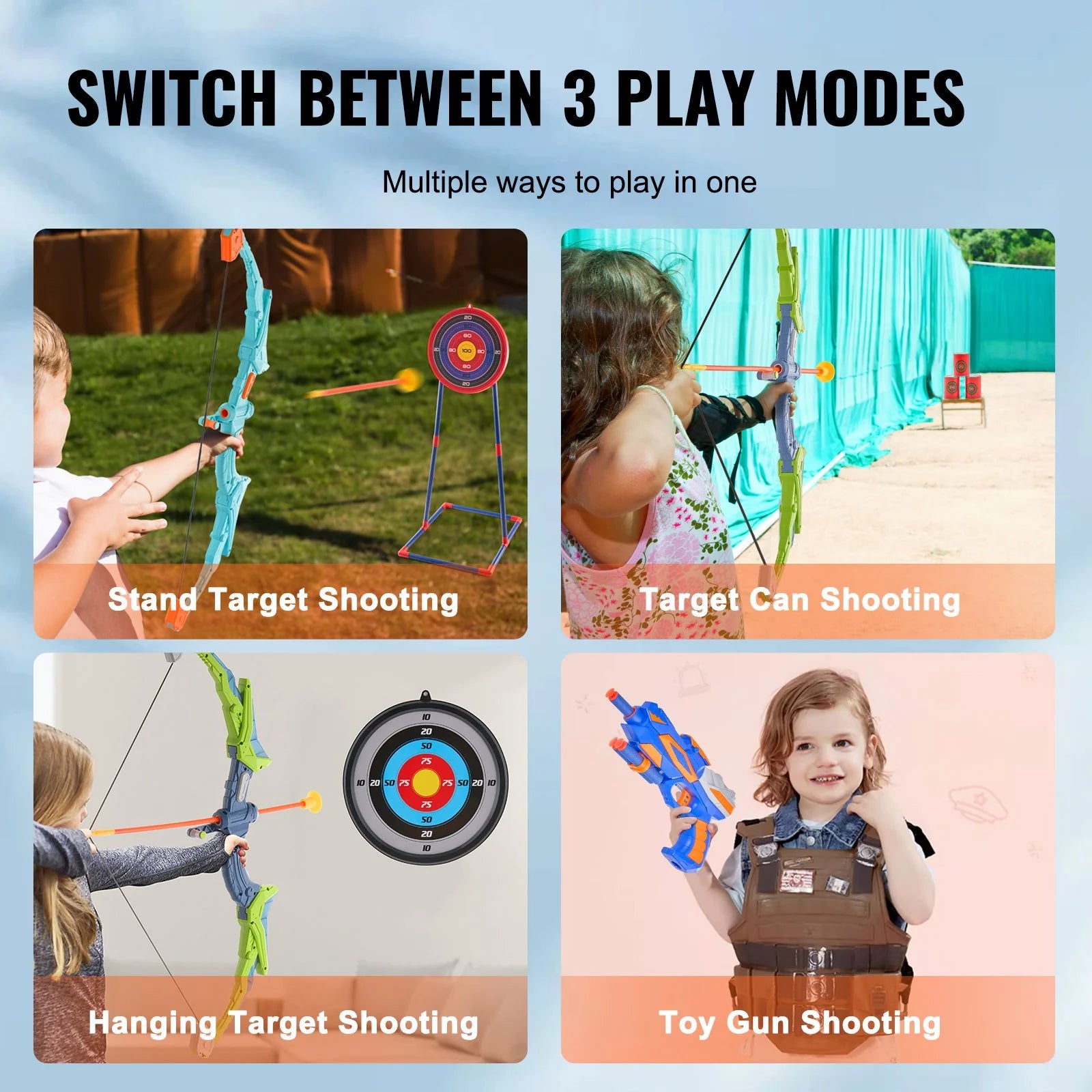 VEVOR Bow and Arrow Set for Kids, 2 Pack LED Light up Archery Set with 20 Suction Cup Arrows, Standing Target, 2 Quivers, 2 Guns, 20 Soft Bullets, 3 Target Cans, Outdoor Toy for Boy & Girl 6+ Year Old