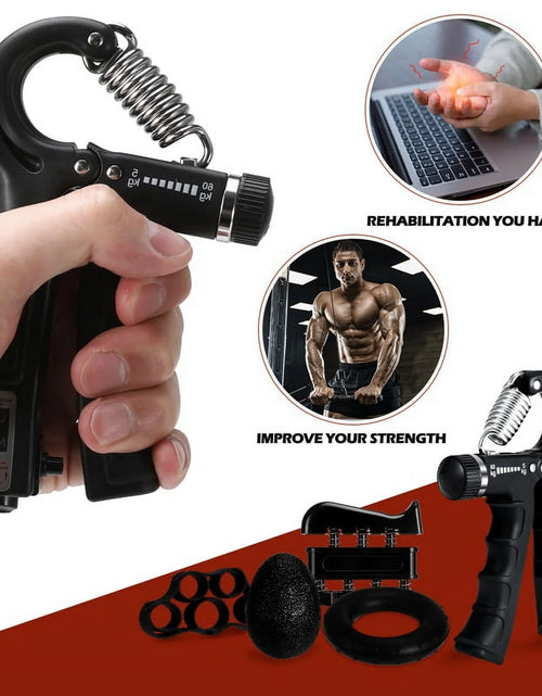 Load image into Gallery viewer, 6 Pack Grip Strength Trainer Kit with Counter, Adjustable Resistance 10 to 132Lbs Hand Gripper, Hand Extension Exerciser and Forearm Workout Ring for Muscle Building and Injury Recover(Black)
