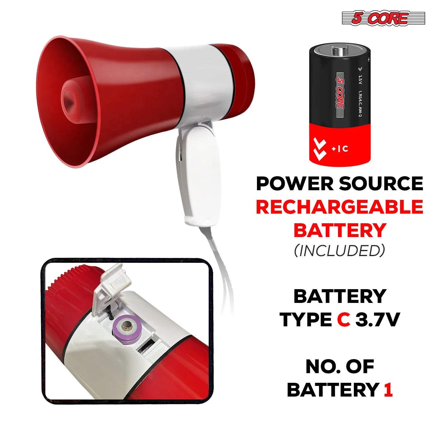 5 Core Megaphone Bullhorn Speaker 30W Bull Horn Rechargeable Cheer Megafono 800 Yards